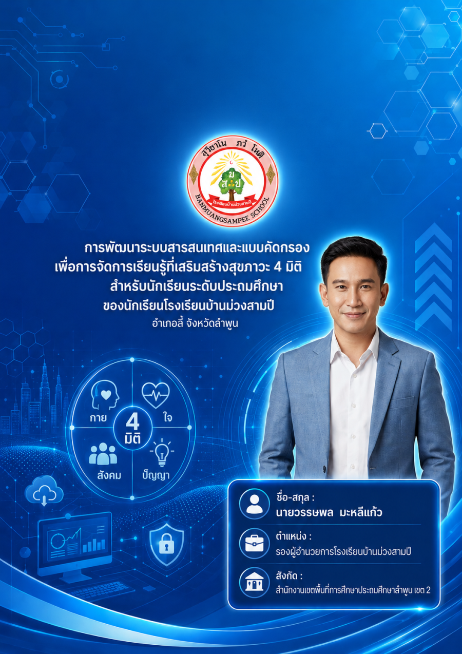 การพัฒนาระบบสารสนเทศและแบบคัดกรองเพื่อการจัดการเรียนรู้ที่เสริมสร้างสุขภาวะ 4 มิติ สำหรับนักเรียนระดับประถมศึกษา ของนักเรียนโรงเรียนบ้านม่วงสามปี อำเภอลี้ จังหวัดลำพูน
